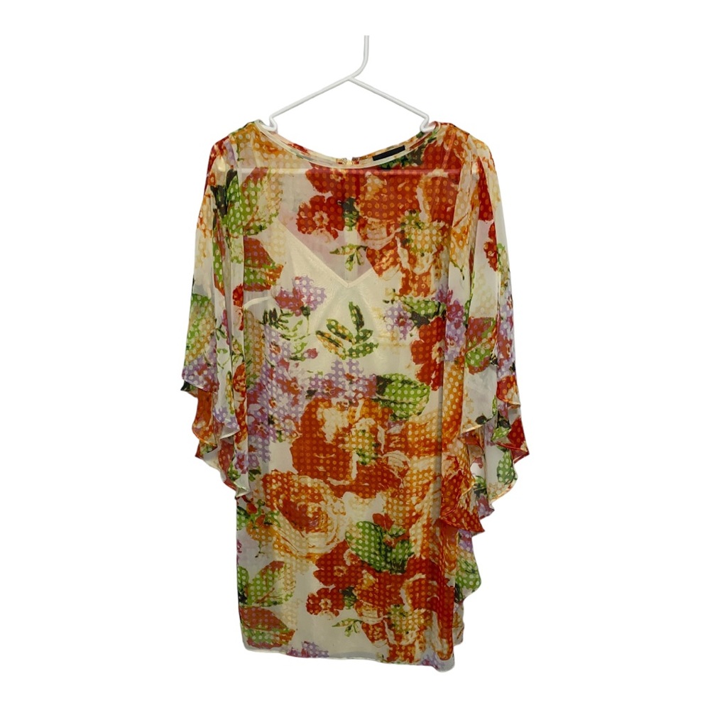Adrianna Papell Floral Print Multicolored Sheer Chiffon Tunic Dress | Size 4